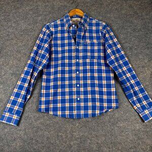 Hollister Men's Blue and Orange Plaid Button Down Shirt Size Large